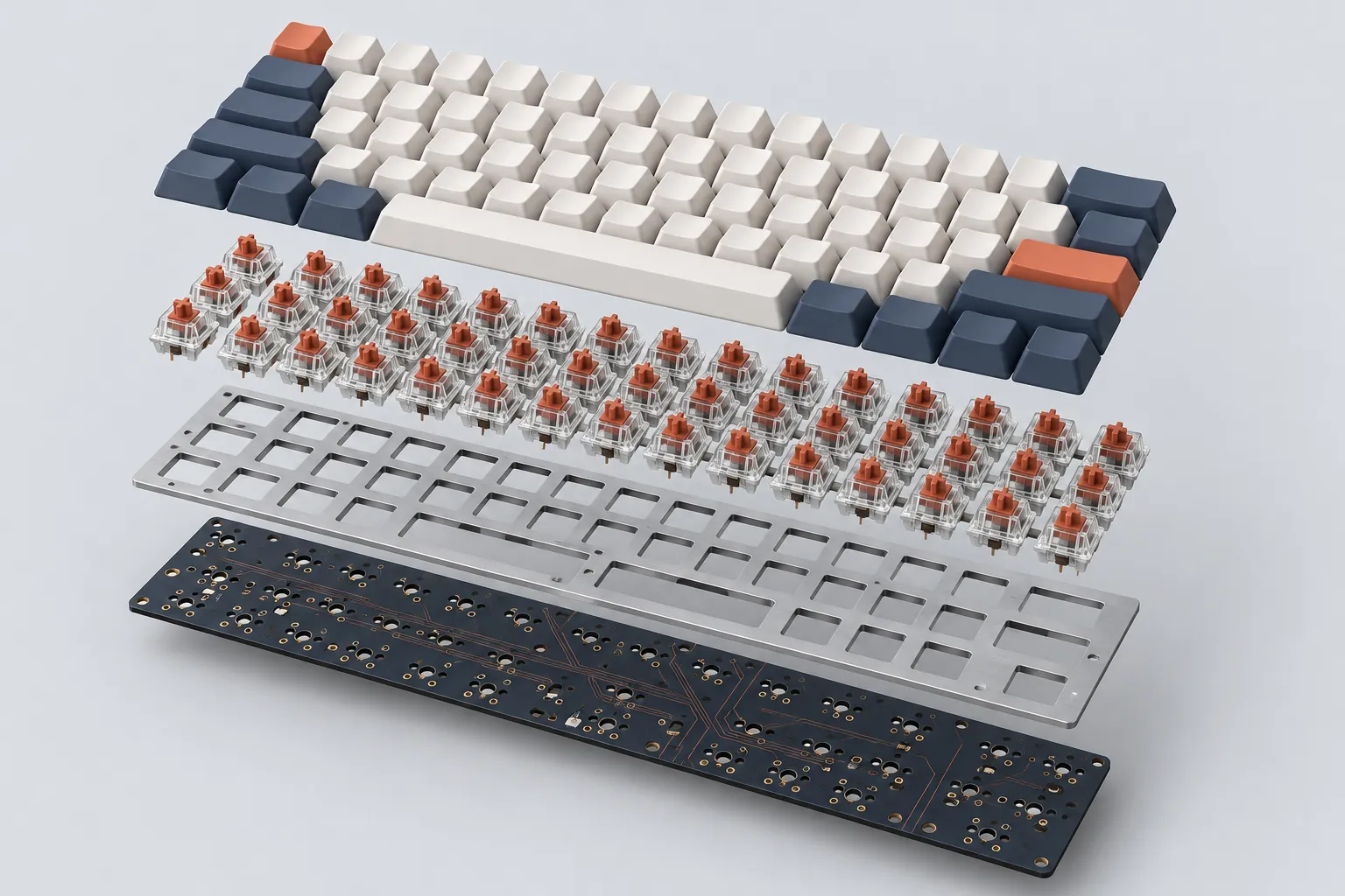 Exploded view of a mechanical keyboard: keycaps on top, switches, an aluminum plate, and a circuit board at the bottom